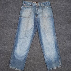 Vintage Brooklyn Xpress Mens 38 Blue Denim Jeans Grunge Worn Fade Embroidered